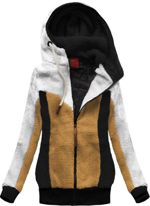 CIEPŁA BLUZA Z KAPTUREM ECRU-MUSZTARDOWA (672A)