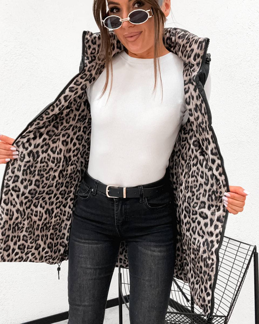 Długa kamizelka typu 2w1 czekolada-panterka