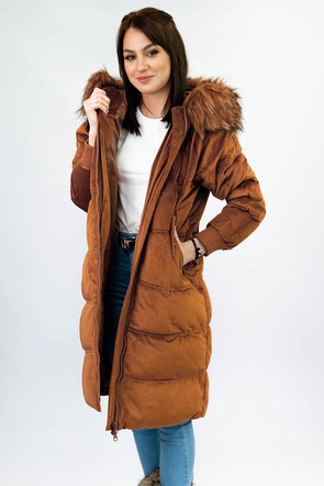 Zimowa sztruksowa kurtka damska z kapturem karmelowa (7763)