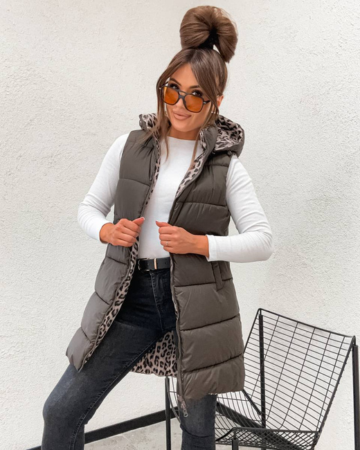 Długa kamizelka typu 2w1 czekolada-panterka