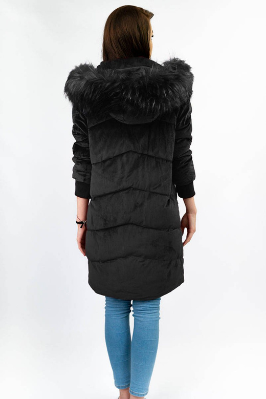 Sztruksowa zimowa kurtka damska z kapturem czarna (7764)