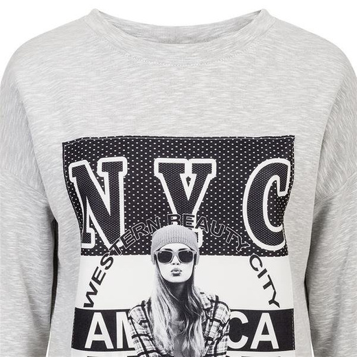 DŁUGA BLUZA Z NADRUKIEM SZARY MELANŻ (GOOD3)