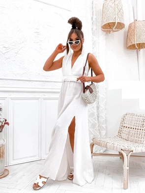 Muślinowa sukienka maxi z ozdobną górą ecru