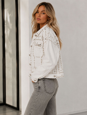 SCHWARZE JEANS JACKE MIT KRAGEN UND SCHMUCK (L1815)