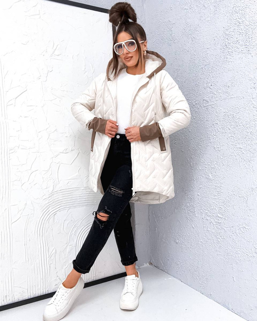 Luźna przejściowa kurtka plus size z kapturem ecru