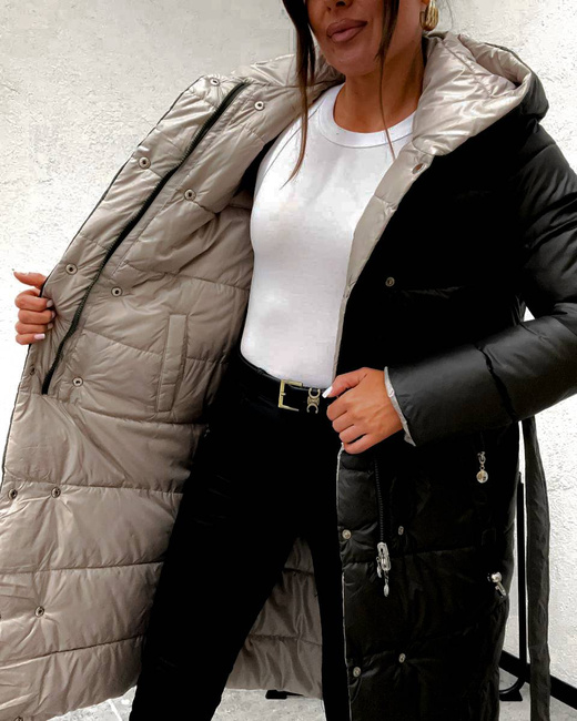 Długa dwustronna kurtka zimowa z kapturem czarny-beżowy