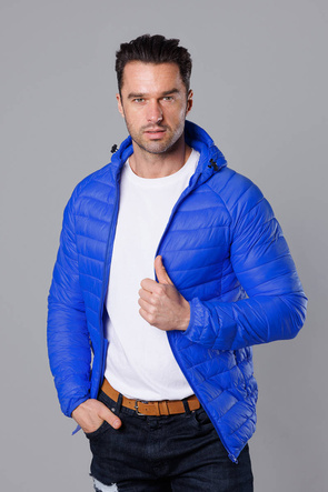 Niebieska pikowana kurtka męska z kapturem