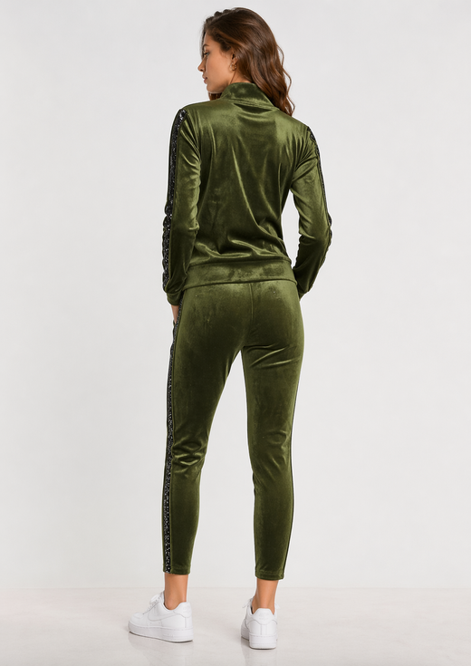 Zielony dres welurowy damski – bluza na suwak ze stójką + legginsy 7/8 z lampasami