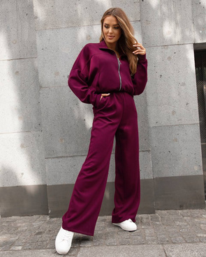 Komfortowy bordowy komplet damski bluza + szerokie spodnie