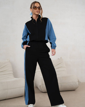 Czarny stylowy komplet dresowy – bluza na zamek i spodnie z wysokim stanem