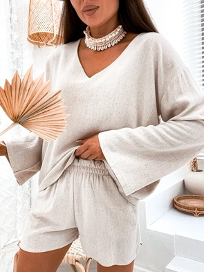 Zestaw bluzka i szorty len beżowy