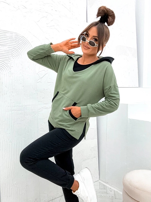 Dresowy komplet damski khaki bluza, top i spodnie