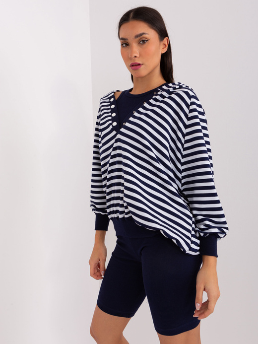 Trzyczęściowy granat-biały komplet sportowy damski – bluza oversize, top i legginsy w prążki
