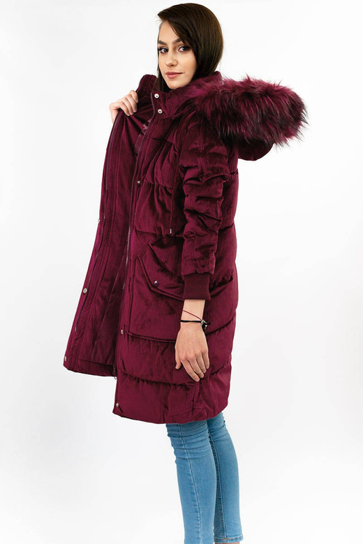Sztruksowa zimowa kurtka damska z kapturem bordowa (7764)