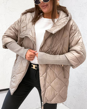 Pikowana ciemnobeżowa kurtka z kapturem i dzianinowymi rękawami