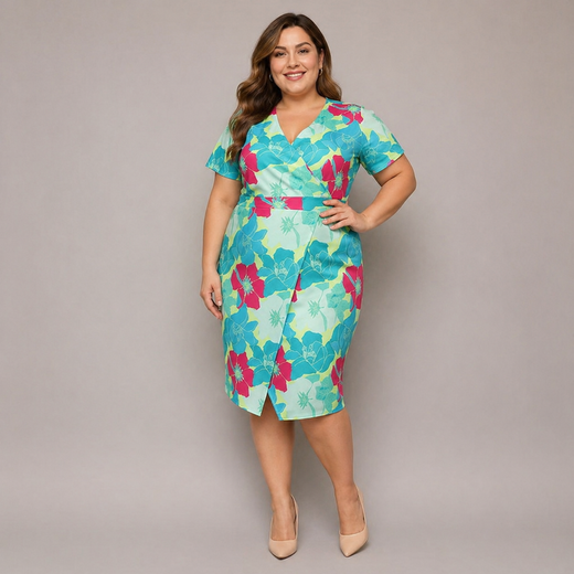 Sukienka plus size z kopertowym dekoltem zielony-fuksja kwiaty
