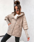 Pikowana ciemnobeżowa kurtka z kapturem i dzianinowymi rękawami