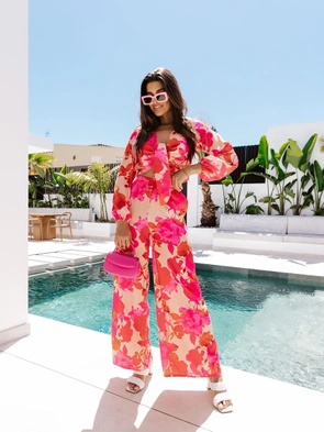 Letni komplet damski różowo-beżowy