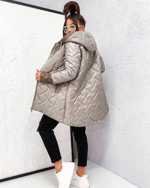 Luźna przejściowa kurtka plus size z kapturem beż