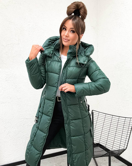 Taliowana zimowa kurtka z kapturem zielony ciemny