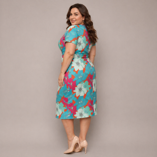 Sukienka plus size z kopertowym dekoltem zielony-pomarańczowy kwiaty