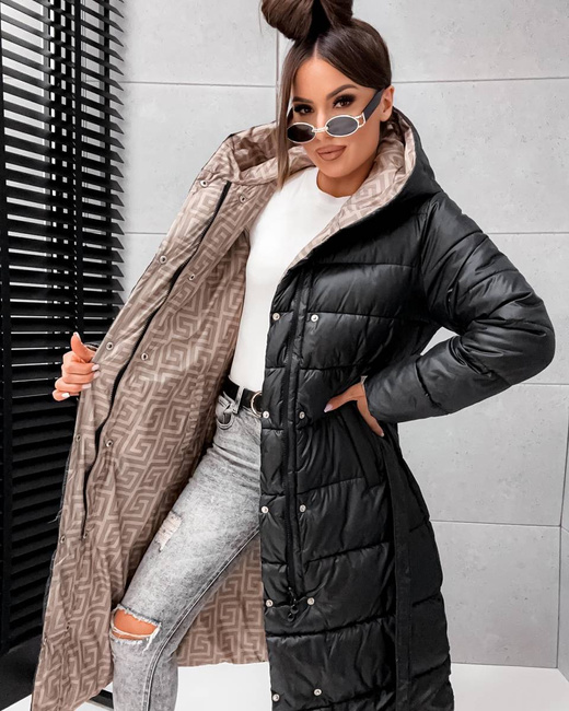 Czarno-beżowa kurtka zimowa do kolan typu 2w1