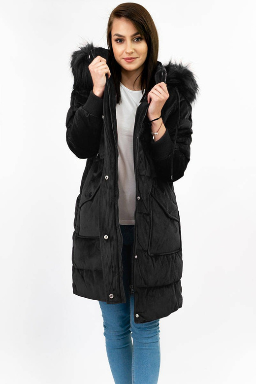Sztruksowa zimowa kurtka damska z kapturem czarna (7764)