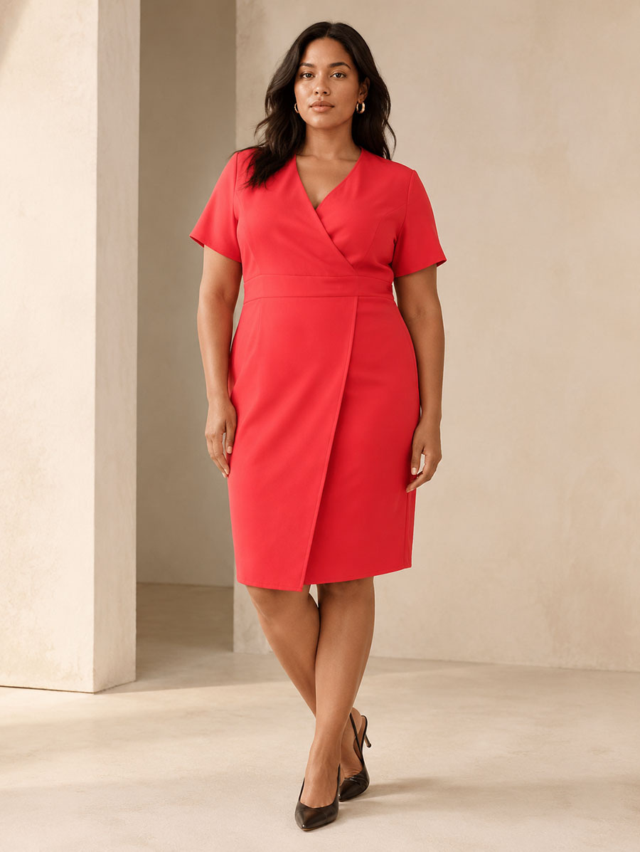 Koralowa sukienka plus size z kopertowym dekoltem