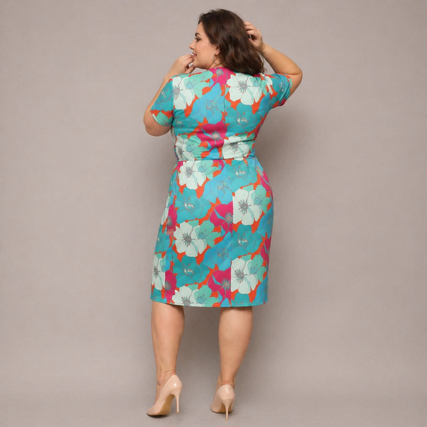 Sukienka plus size z kopertowym dekoltem zielony-pomarańczowy kwiaty