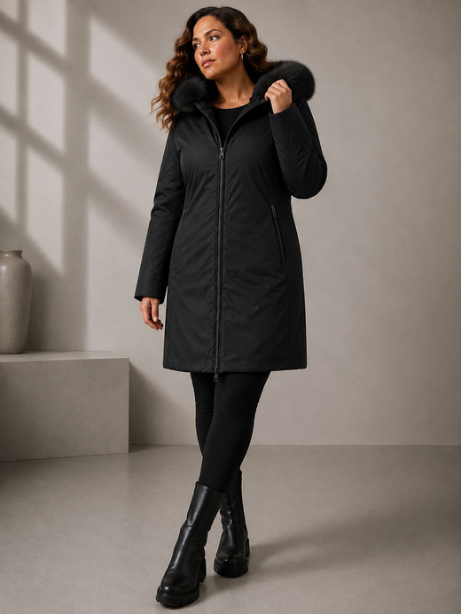 Beżowo- czarna dwustronna kurtka damska z odpinanym kapturem plus size