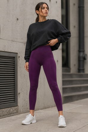 Sportowe fioletowe legginsy damskie 7/8 z wysokim stanem