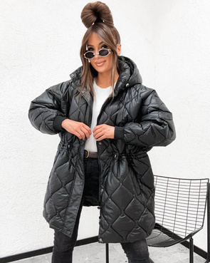 Luźna, pikowana kurtka z nieodpinanym kapturem czarna