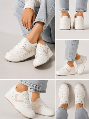 Sznurowane buty sportowe damskie biało-beżowe (s070)