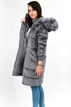 Sztruksowa zimowa kurtka damska z kapturem szara (7764)