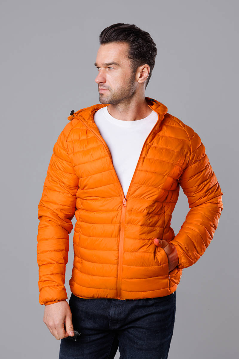 Pomarańczowa pikowana kurtka męska z kapturem