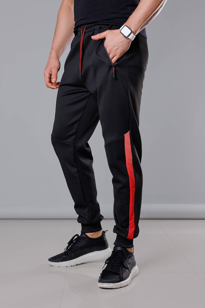Sportowe męskie spodnie ze ściągaczami czarny z czerwonym